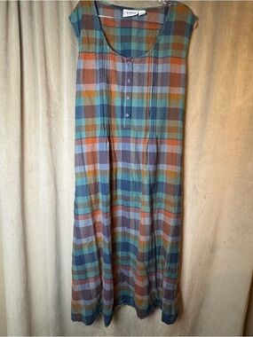 Expressions Vintage Plaid Maxi Dress Picnic Tie back buttons pleated XL